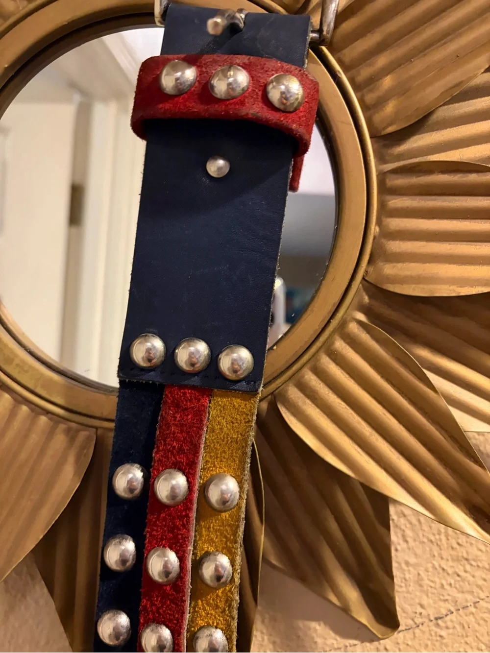 Vera Neumann Vintage 1980’s Leather Three Colors Navy Yellow Red Metal Stud Belt